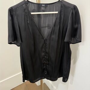 PAIGE Black Silk Button-Front Flutter Sleeve Blouse